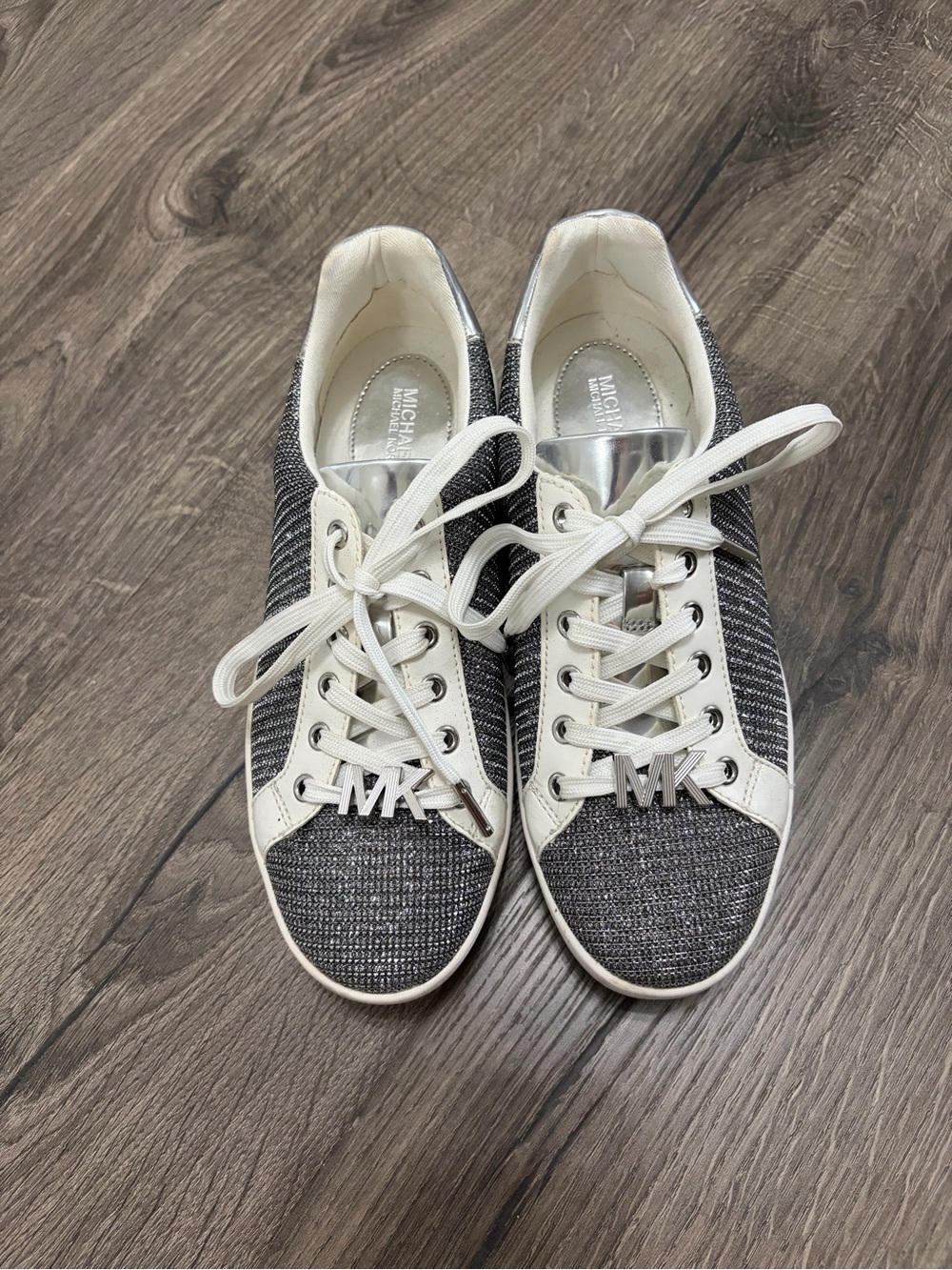 MICHAEL Michael Kors Silver and White MK Logo Knit Lace-Up Sneakers